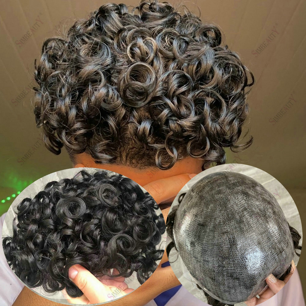 Perruque frisée pour homme 20MM, en cheveux humains, super résistante, base intégrale en PU, toupet, prothèse capillaire, système de remplacement capillaire pour homme