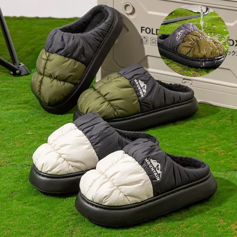 Long Plush Thick Warm Winter Slippers Women Waterproof Down Outdoor Slippers Unisex Mix Color Non Slip Cotton Shoes Woman Comfy