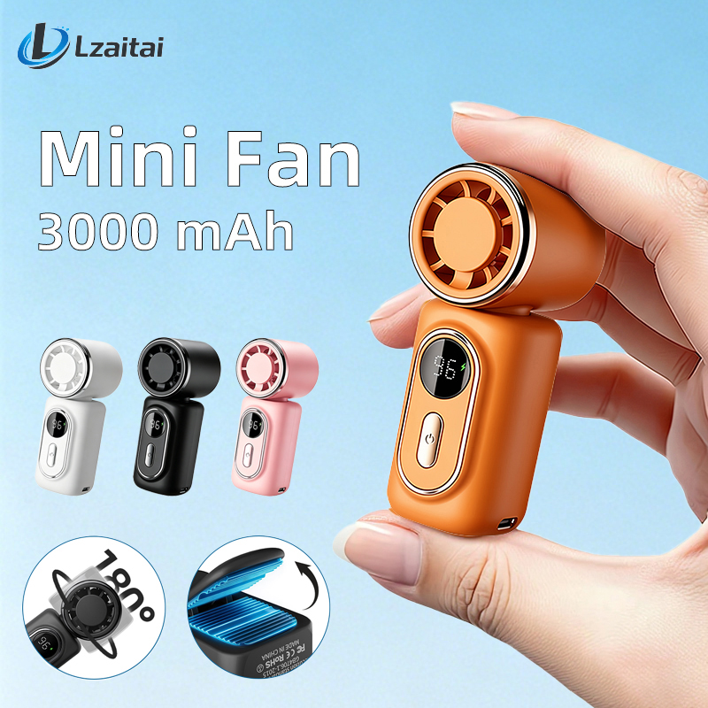 Portable Mini Fan Handheld Small Fans 5 Speeds 3000mAh Cooling Turbo Fan LED Display 180° Adjustable Clip Type-C Rechargeable