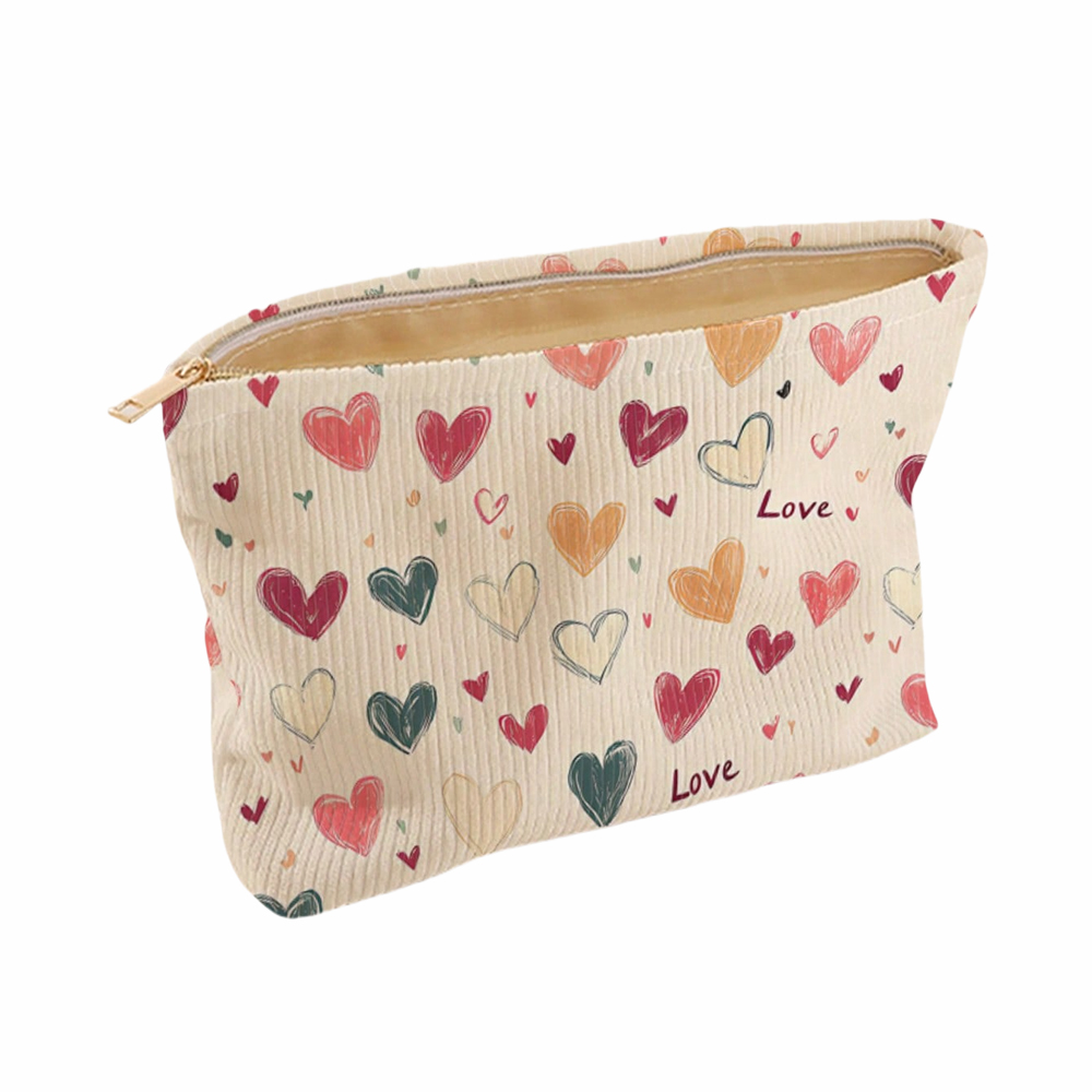 Bolsa de armazenamento de cosméticos portátil, bolsa de maquiagem com padrão de coração colorido, dupla face impressa, bolsa de maquiagem com zíper para viagem