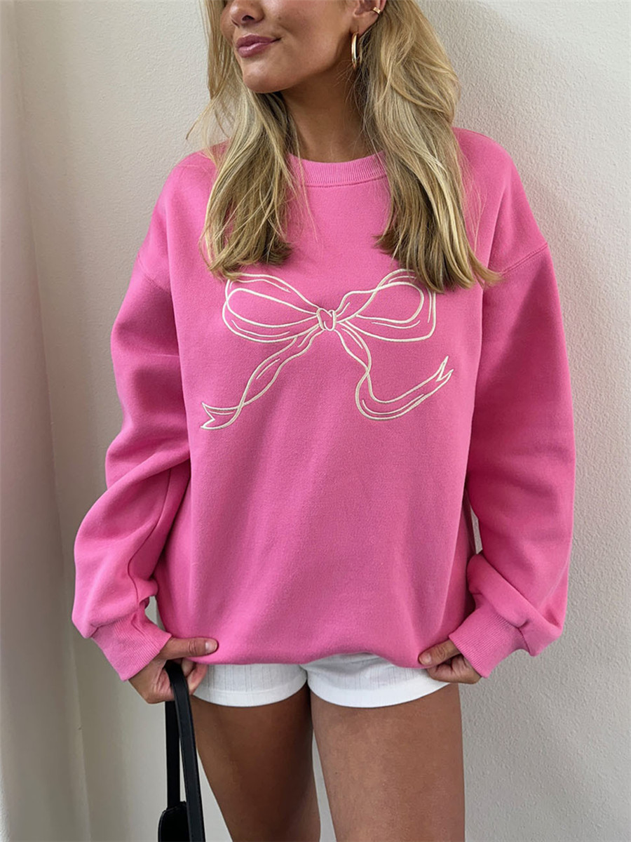Sudadera con capucha con estampado de lazo rosa para mujer, sudaderas informales holgadas de manga larga con cuello redondo, jerséis de primavera para mujer, Tops, abrigo Y2K