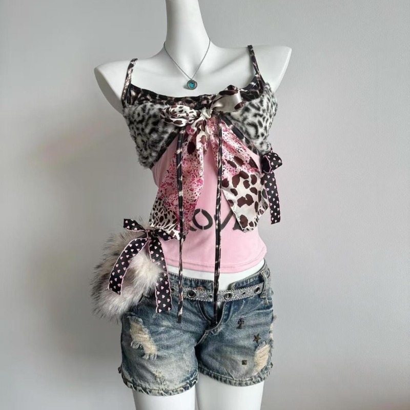 Amerikanisches Harajuku Hottie Camisole Subkultur Leoparden-Patchwork Schleifenhalter-Top Y2K Ästhetik Buchstaben-Print Tanktop Damen Slim Top