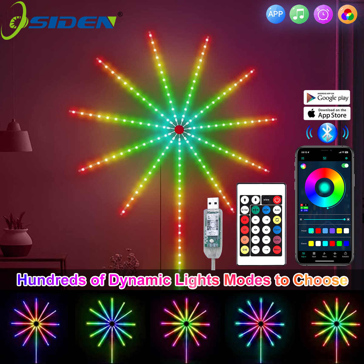 Tira de luces LED de fuegos artificiales RGBIC, tira de neón con Control por aplicación Bluetooth, USB, 5V, lámpara inteligente que cambia, sincronización de música, decoración de dormitorio, luz de sueño