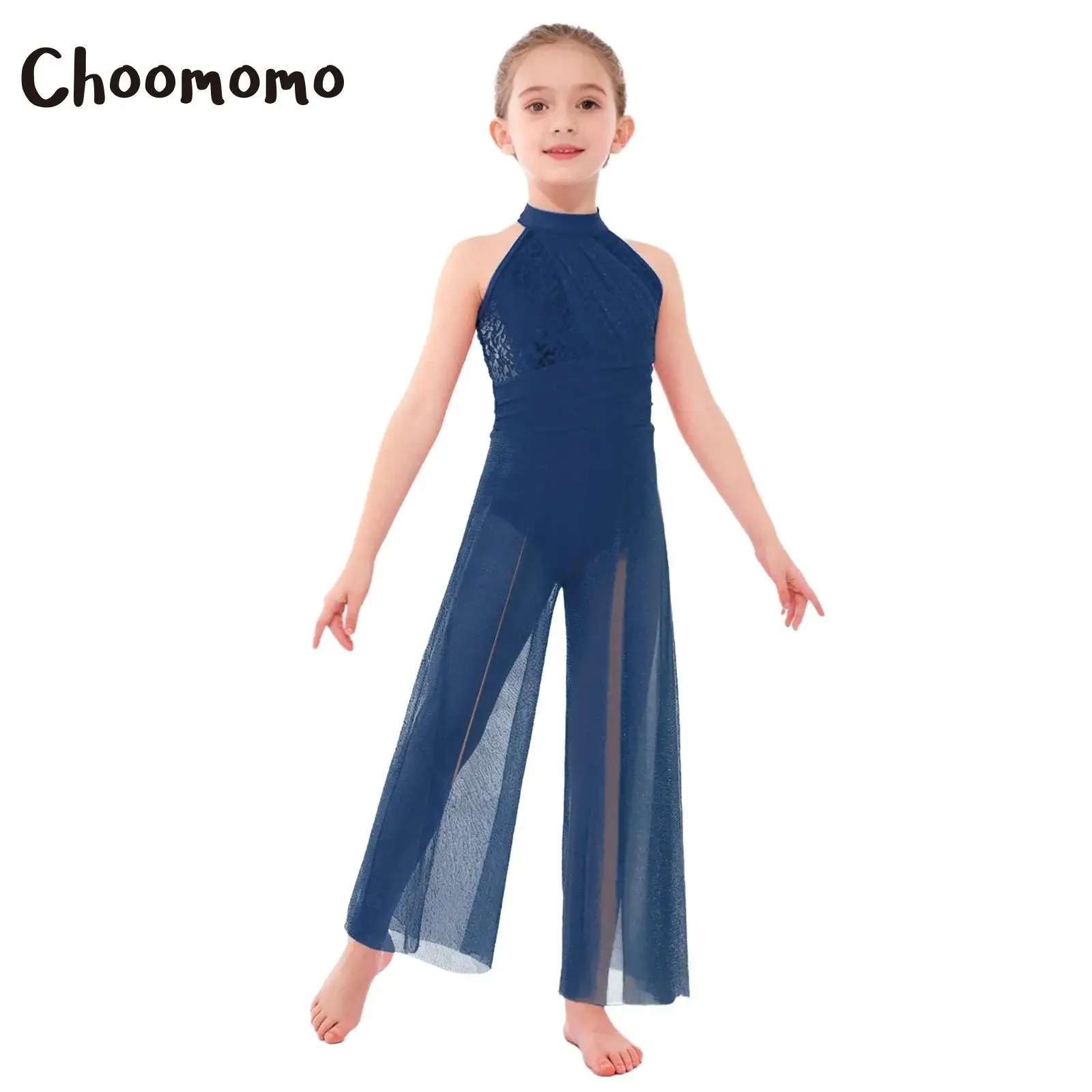 Kids Girls Shimmery Ballet Gymnastics Jumpsuit Contemporary Lyrical Dance Unitards Sequin Bodice Mesh Split Wide-Leg Bodysuits