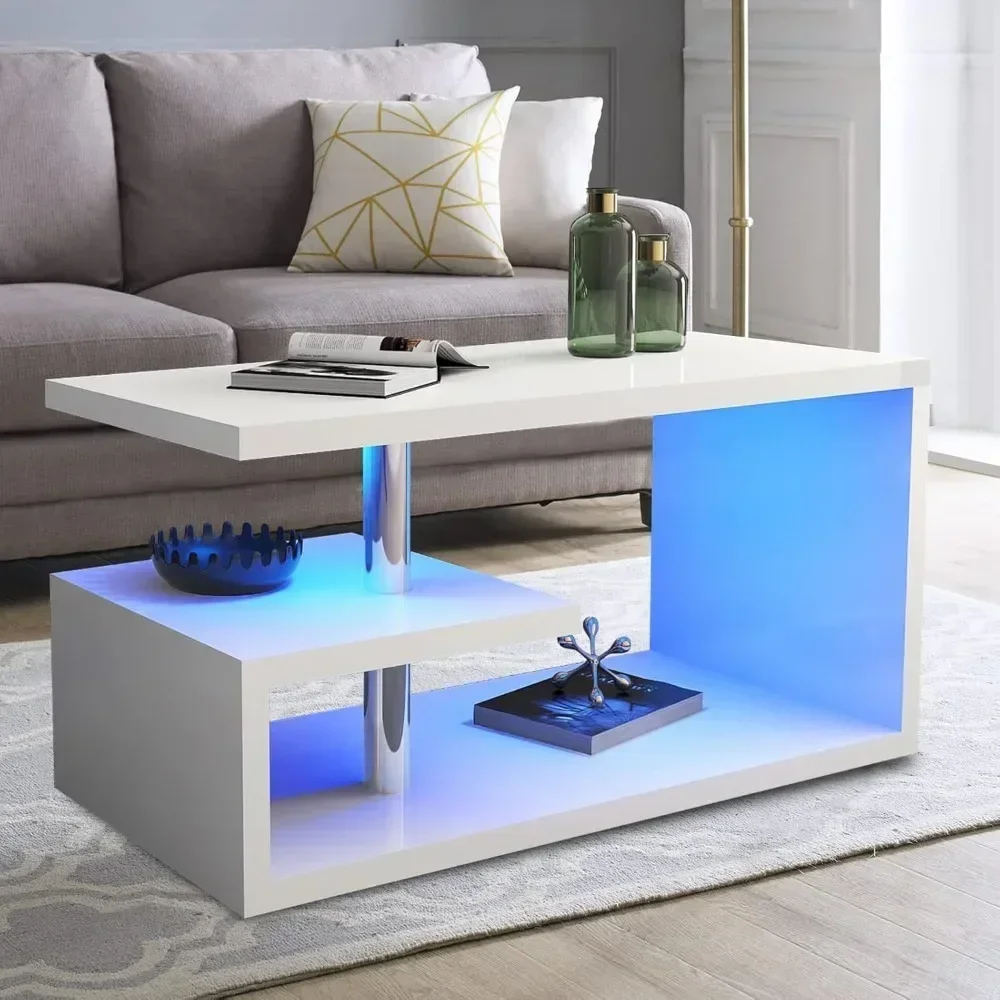 Mesa de centro con luces LED de 16 colores de alto brillo, espacio de almacenamiento, mesa central para salón y dormitorio, mesa de centro moderna