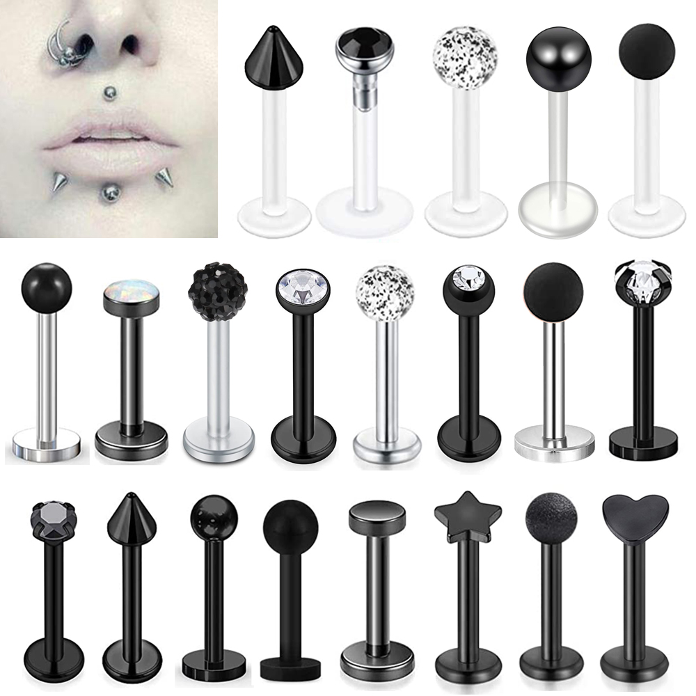 WKOUD 16G acier inoxydable lèvre Labret Piercing boule de cristal Monroe lèvre Stud Helix Tragus conque Piercing Cartilage boucles d'oreilles noir