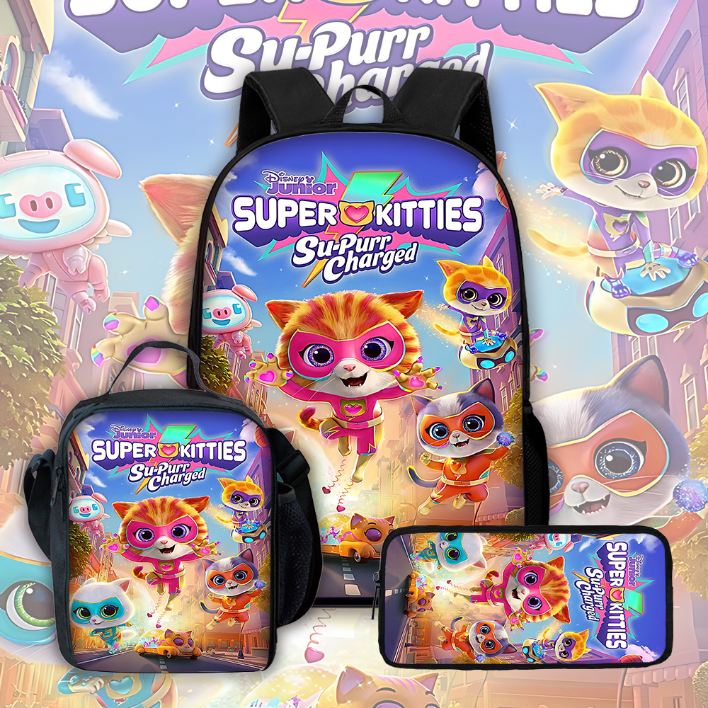 Tas Sekolah Anak Kartun Games Super Kitten Squad dengan Tas Makan Siang, Tas Pensil, Tas Sekolah untuk Anak Laki-laki Perempuan Hadiah Terbaik