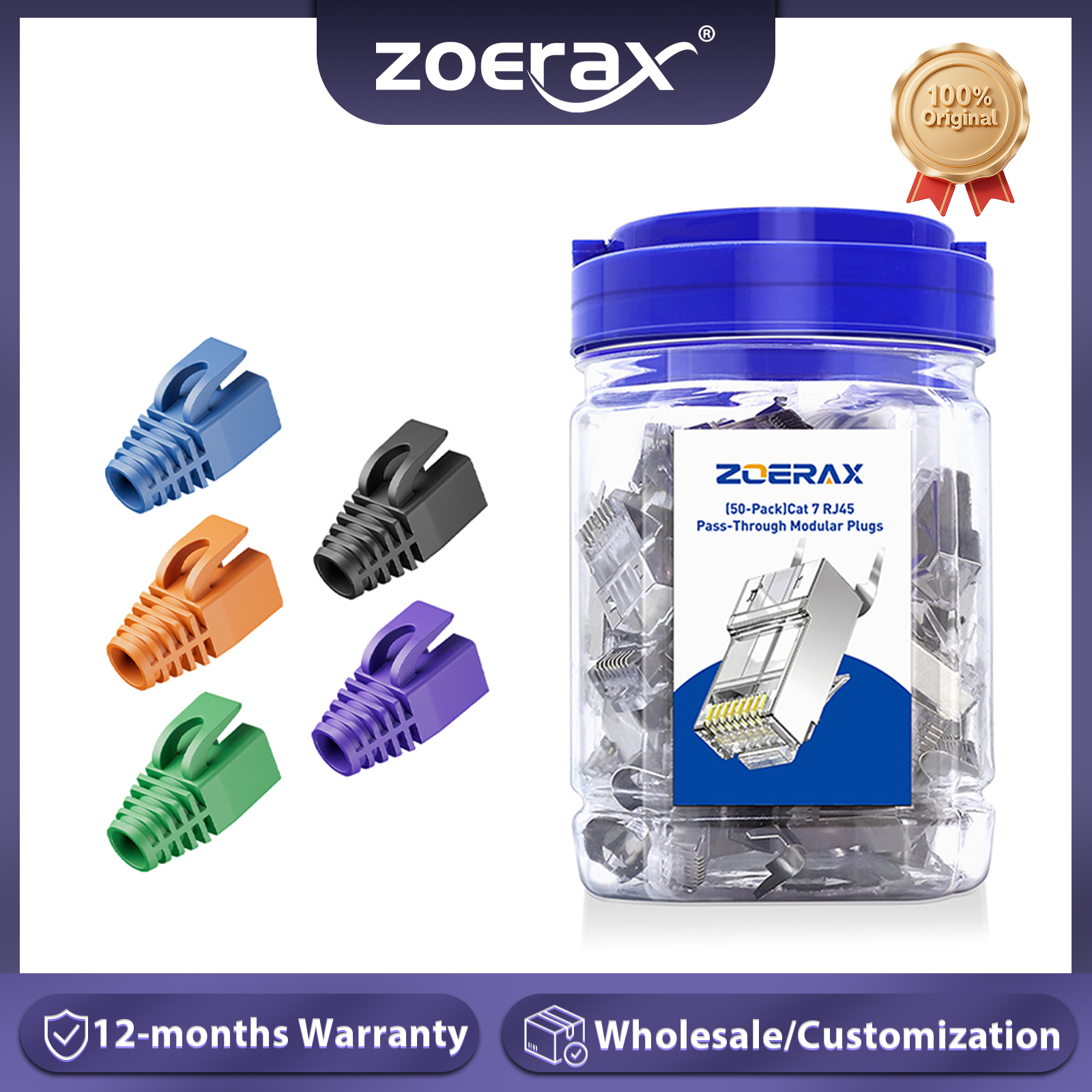 Комплект экранированных проходных разъемов ZoeRax RJ45 Cat7/Cat6A, 50 шт., 3-контактные 8P8C, позолоченные, 2-компонентные штекеры с защитными колпачками от перегрузки по нагрузке