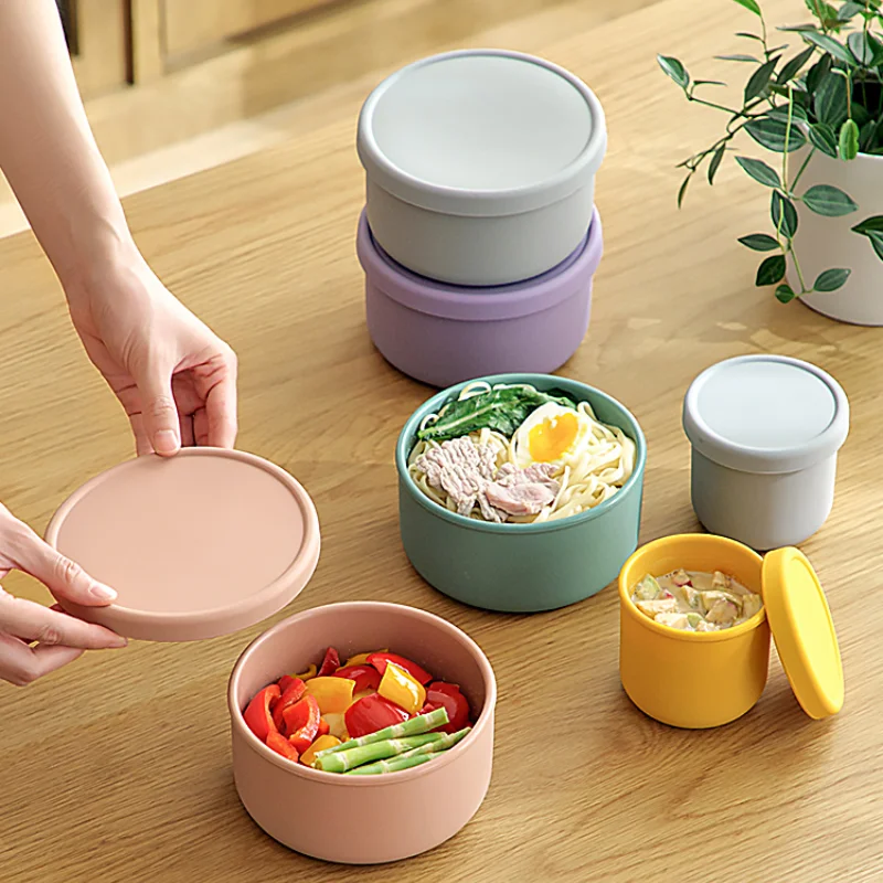 Caja de silicona para mantenimiento fresco con tapa, fiambrera Bento, ensalada de frutas, cuenco para mantenimiento fresco, almacenamiento redondo sellado Simple moderno NJ72011