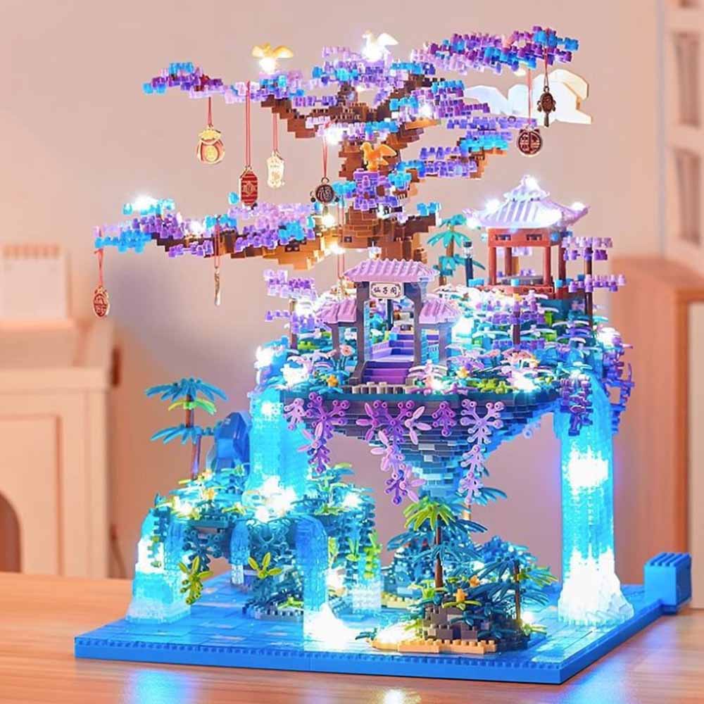 MOC Foresta Laghi Albero Castello Casa Building Blocks Set Cascata con luce Giocattoli fai da te per bambini Regali speciali per le vacanze di compleanno