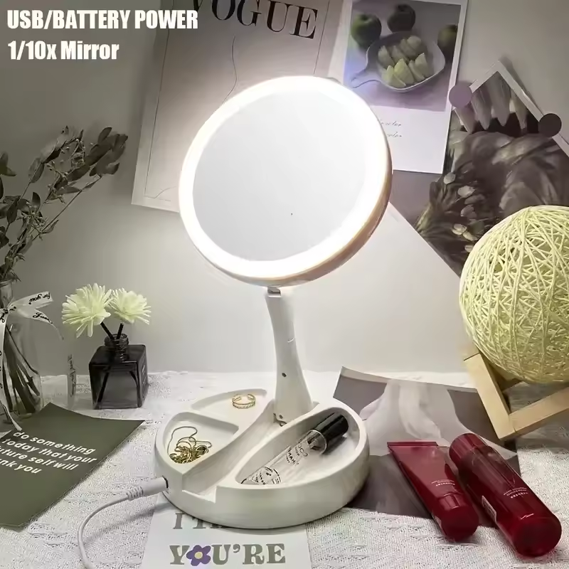 1X 10X 拡大鏡バニティミラー LED 照明付き柔軟な折りたたみ式デスク化粧鏡照明ドレッシング化粧ランプ