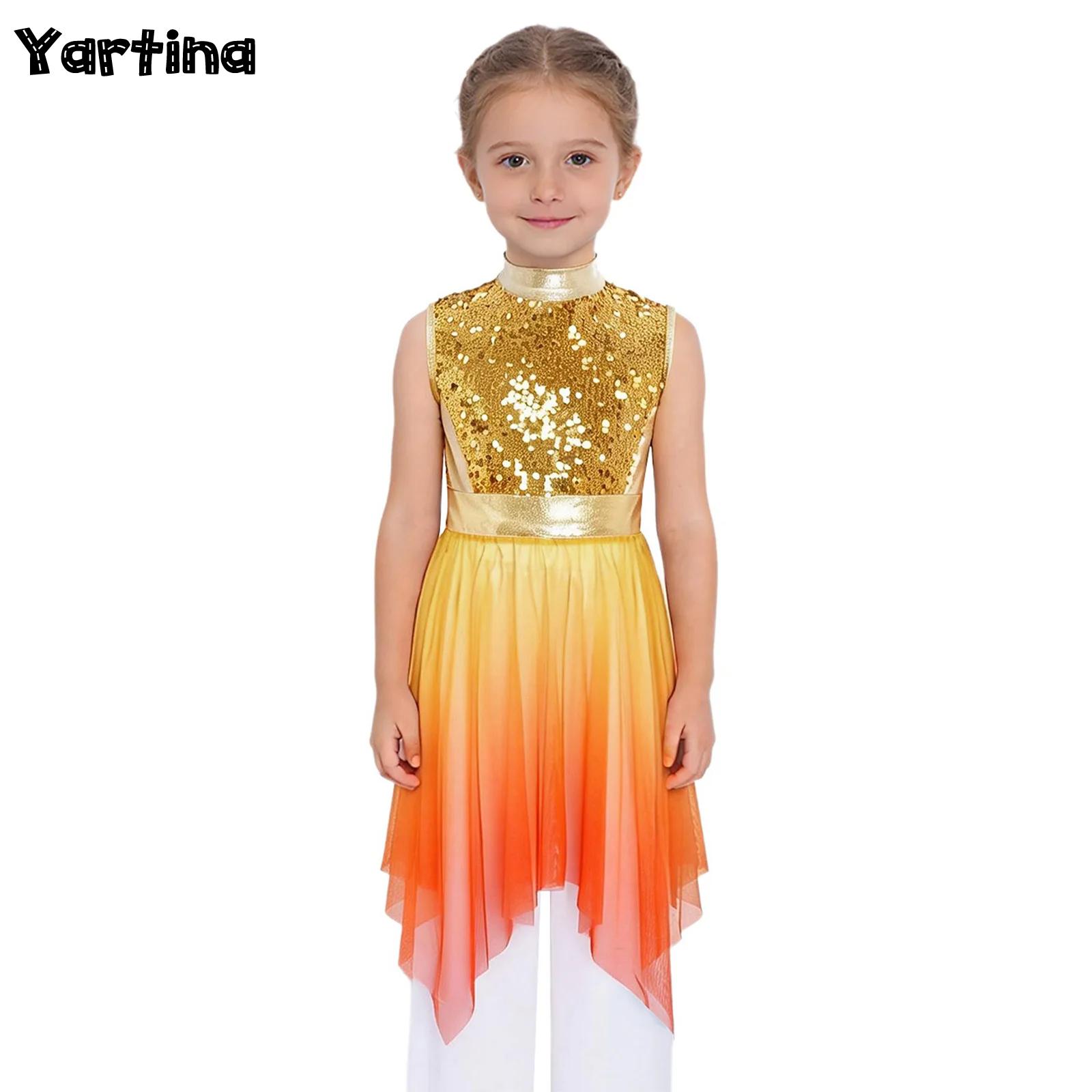 Kids Girls Liturgical Worship Praise Ballet Lyrical Dance Tunic Dresses Sequins Gymnastics Lyrical Contemporary Dance Costume