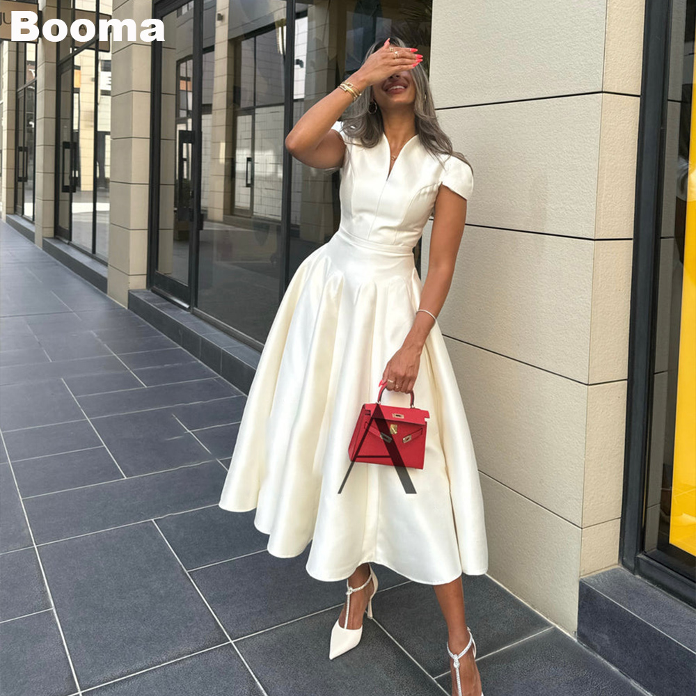 Booma simples a linha curto vestidos de baile com decote em v cetim vestidos de noite femininos chá-comprimento festa de formatura vestidos personalizados