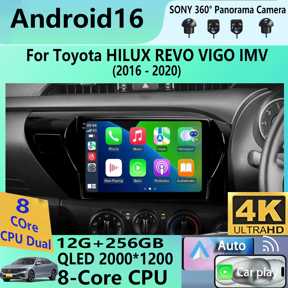 Android 16 Auto Carplay สำหรับ Toyota HILUX REVO VIGO IMV ปี 2016 2017 2018 2019 2020 เครื่องเสียงติดรถยนต์ มัลติมีเดีย GPS ไม่มีเครื่องเล่น DVD