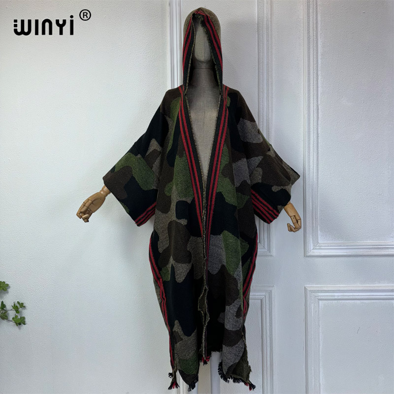 WINYI-Robe cardigan à capuche pour femme, manteau long en duvet, camouflage classique africain, couleur de Salomon, tenues d'hiver Abaya pour femme