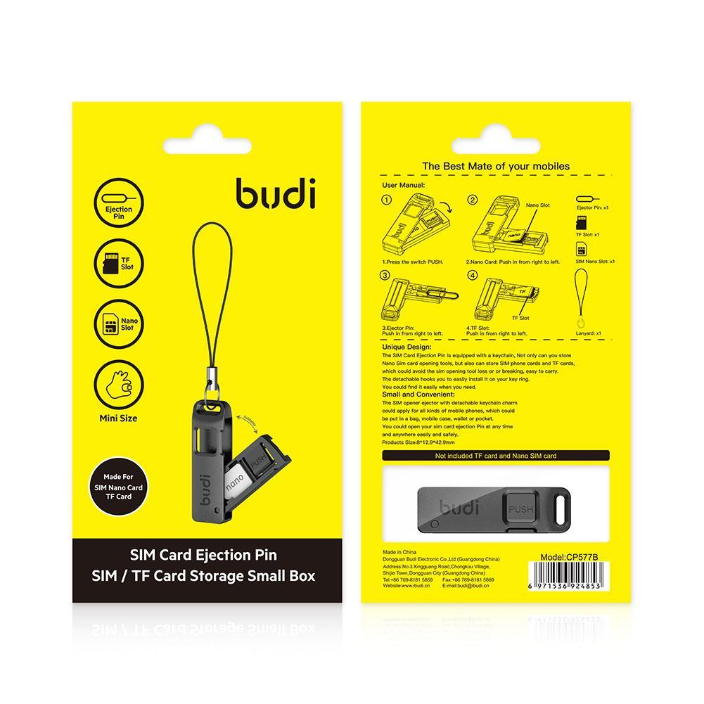 BUDI-caja de almacenamiento con pasador de aguja para extracción de tarjetas SIM, con cordón, antipérdida, para teléfono, tarjetas SIM TF, estuche de almacenamiento, bandeja, eyector, abridor de agujas