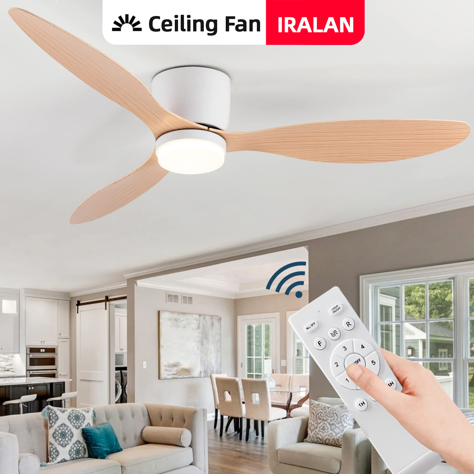 Ventilatore da soffitto moderno DC da 52 pollici con luce e telecomando per soggiorno, sala da pranzo, camera da letto, potenti ventilatori elettrici con flusso d'aria