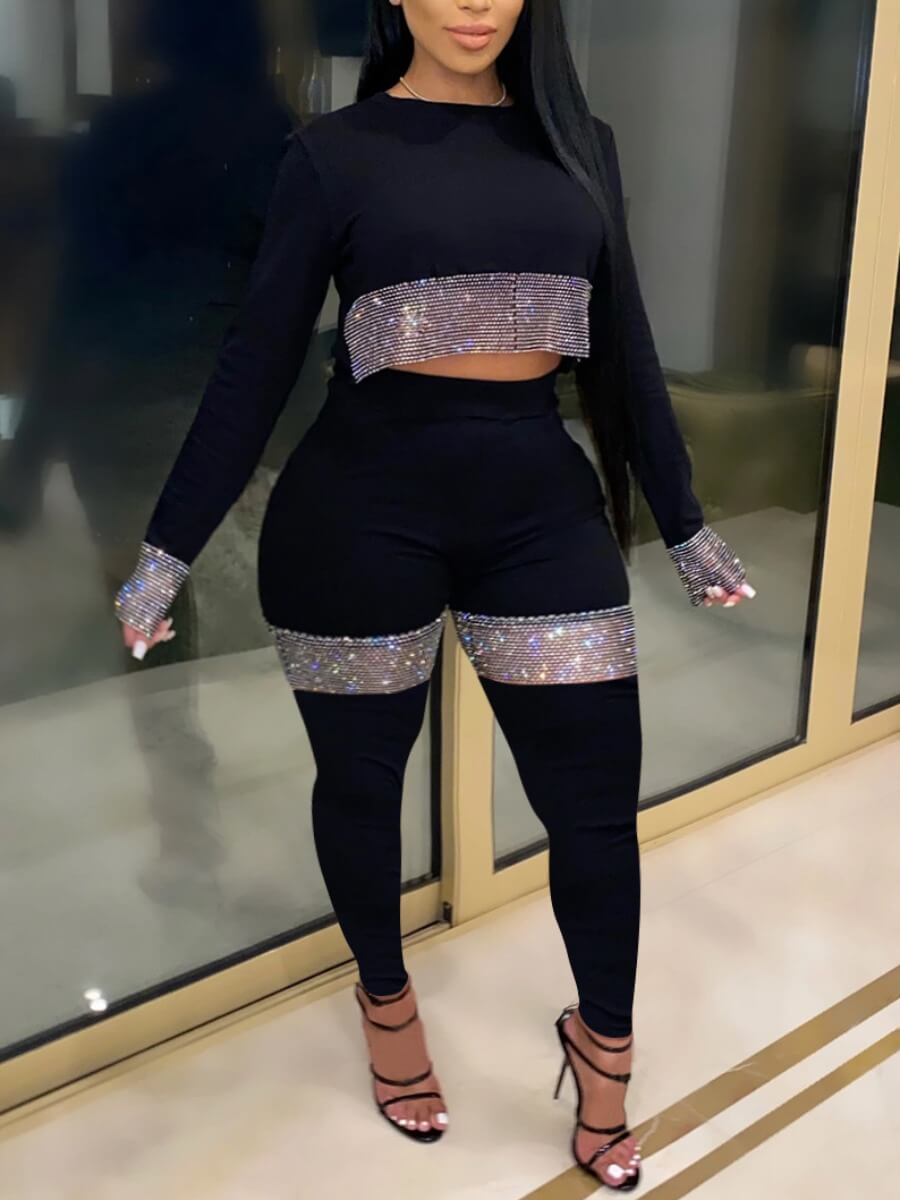LW-Conjunto de dos piezas de talla grande para mujer, Top corto transparente con pantalones con lentejuelas, conjunto de pantalones ajustados de manga larga a la moda para otoño