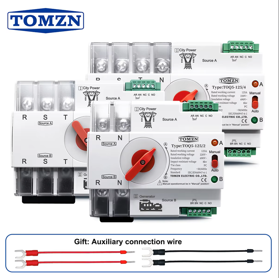 Chave de Transferência Automática (ATS) TOMZN para Trilho DIN 2P 3P 4P, Chave Seletora Elétrica de Dupla Alimentação, Energia Ininterrupta 63A 100A 125A