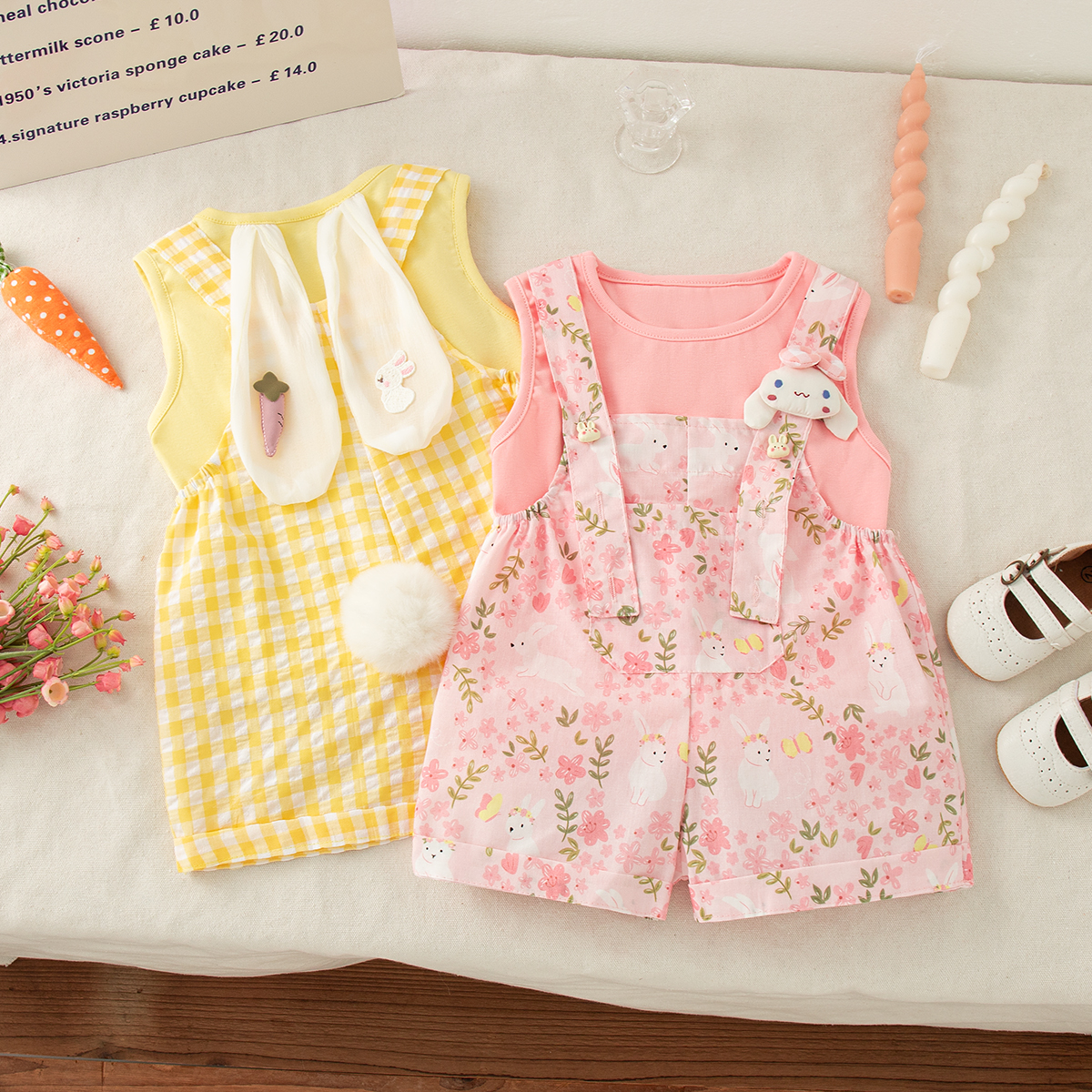 Conjunto de niña con orejas de conejo, Tops con cuadros amarillos, pantalones cortos con tirantes para el hombro, traje informal de verano de 2 piezas para niña