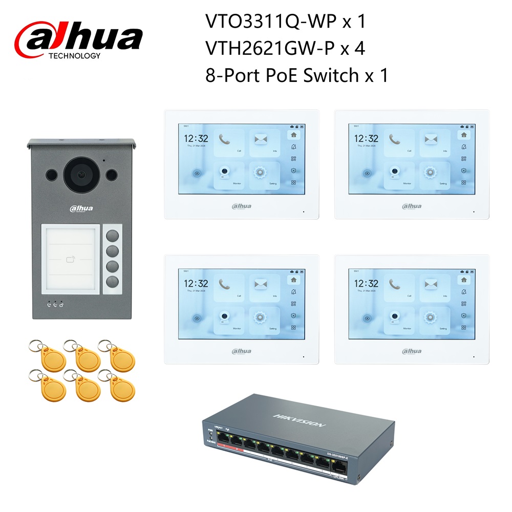 KIT de videoportero IP Dahua, interruptor VTO3311Q-WP, VTH2621GW-P y PoE, nube P2P, timbre de puerta 1, 2, 3, 4 botones ajustables