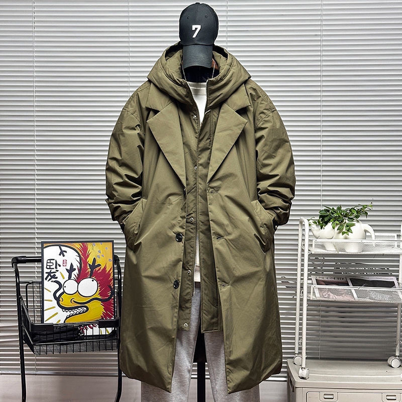 Casaco masculino de comprimento médio inverno com capuz novo duas peças estilo coreano blusão quente engrossar roupas de algodão casaco