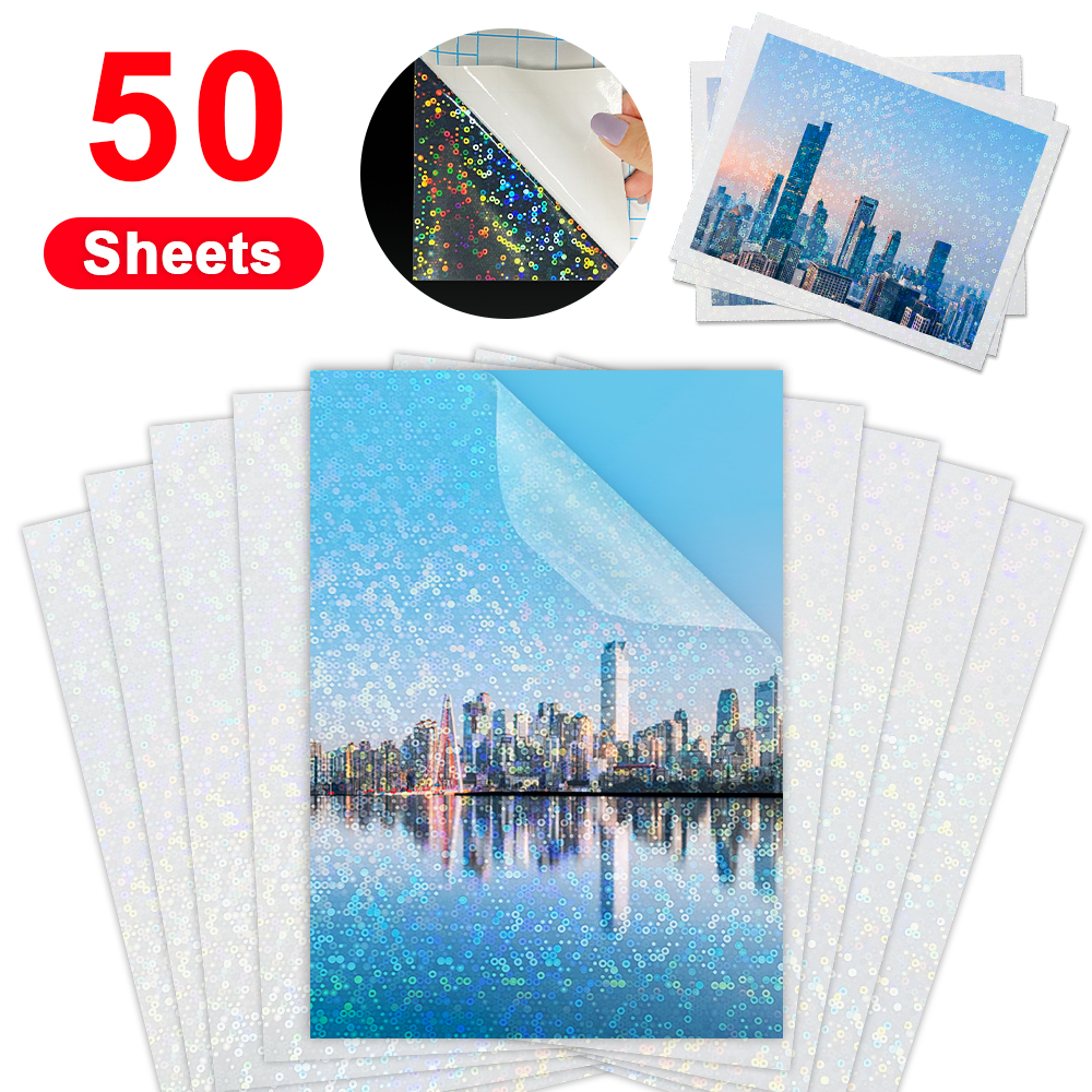 50แผ่น A4เย็นฟิล์มลามิเนต Holographic ทรายฟอยล์กาวเทปกลับดาวร้อนบนกระดาษ DIY แพคเกจสีการ์ด