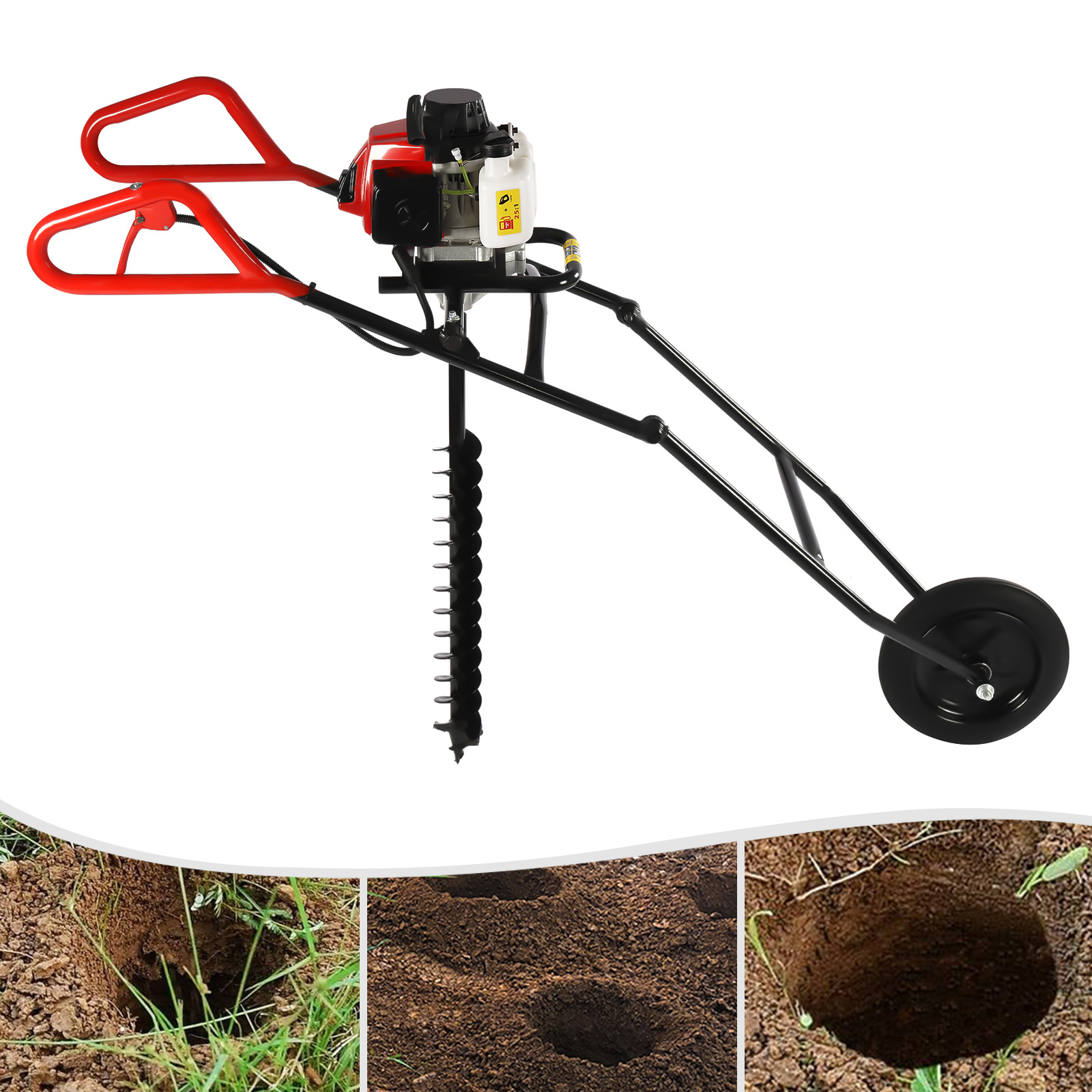 63CC Hole Punch Ground Gasoline Motor Drill Pit Digger Foldable Single Wheel Digger Hand Push for Agriculture Forestry