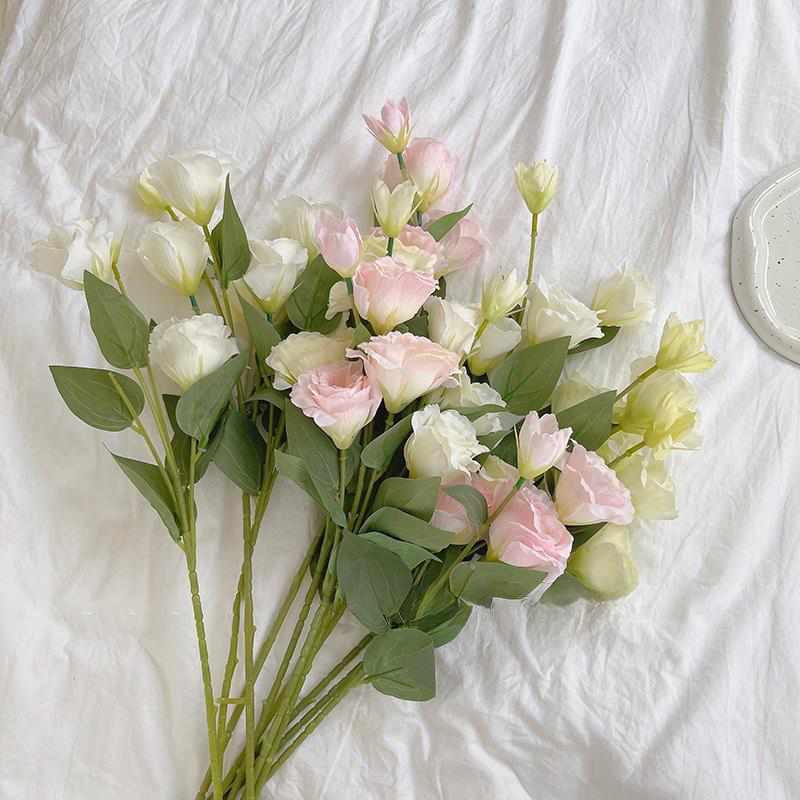Flores artificiales grandes de simulación de seda, Eustoma Grandiflorum, rosas, hogar, boda, jardín, decoración de fiesta en casa, Flores con hojas