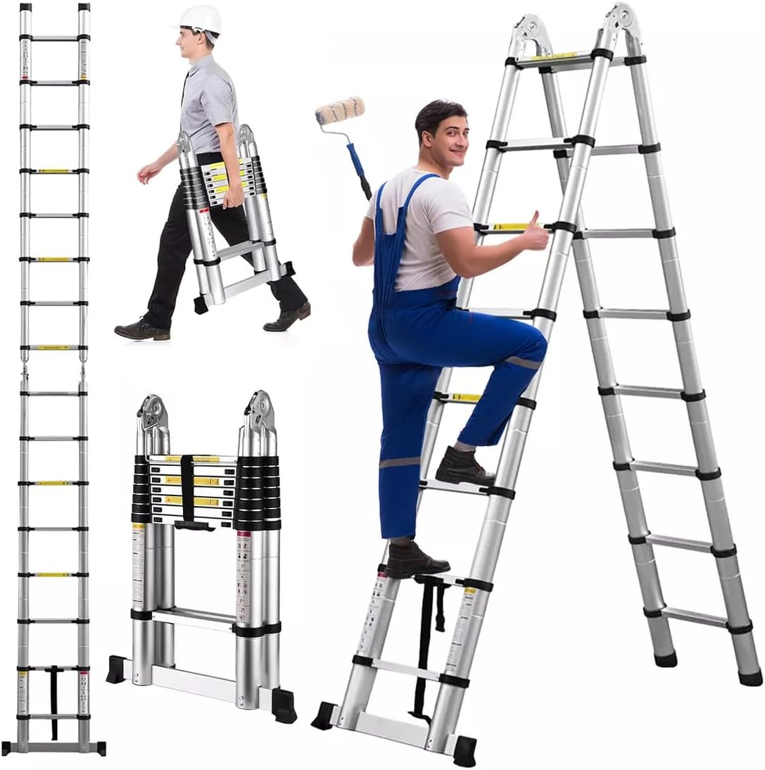 Escalera Telescópica de 5 Metros (16.5 Pies), Escalera Telescópica de Metal de Doble Propósito con Estabilizador, Escalera Compacta de 330 lb de Carga