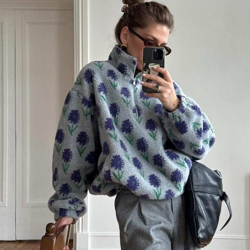 TARUXY-Sudadera con estampado de lana para mujer, sudadera de media cremallera, jersey de cuello alto holgado de lana, sudadera de ocio de invierno para mujer