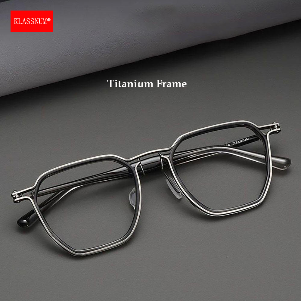 KLASSNUM Titanium Bril Groot Frame Mannen Optische Bril zonder Lens 160mm Retro Veelhoekige heren Brilmontuur