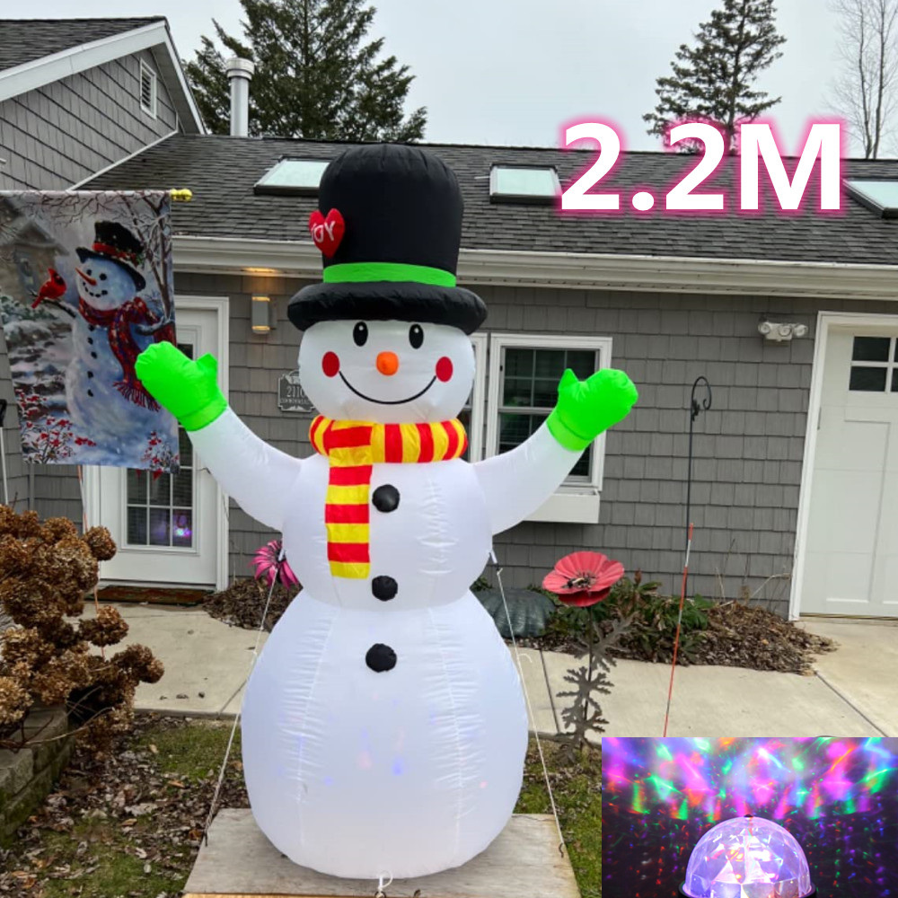 Muñeco de nieve de Navidad de 2,2 M, modelo inflable, luz LED giratoria, guante verde, accesorios de estaca de Navidad, juguetes, accesorios para el hogar, decoración navideña