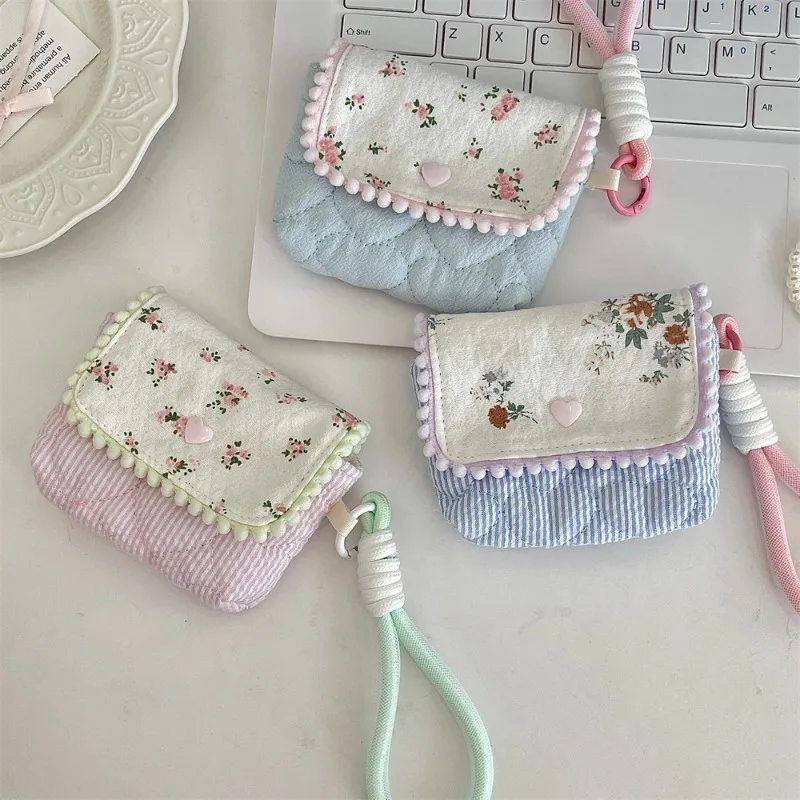 1pc Cute Student Coin Wallet Small Portable Earphone Card Key Storage Bag Floral Korean Ins Style Coin Purse Card Holder Bag
