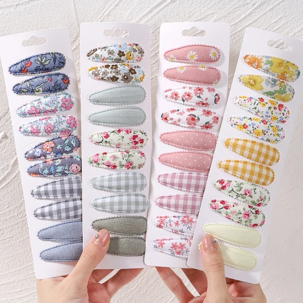 10 pçs/set recém-nascido impressão liga de algodão arco de cabelo snap clipes tecido xadrez grampos menina criança headwear acessórios para o cabelo do bebê atacado