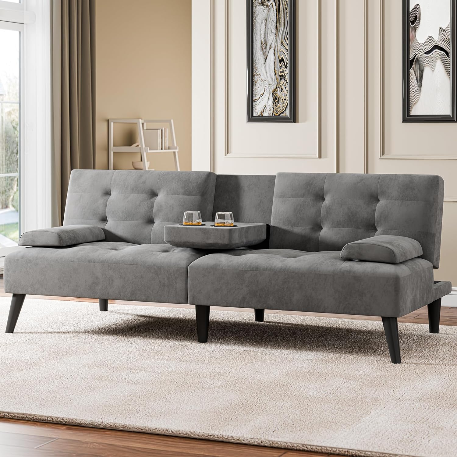 Futon Sofa Bed, Convertible Loveseat with 2 Cup Holders, Small Couch with 3 Adjustable Angles & Armrests, Customized