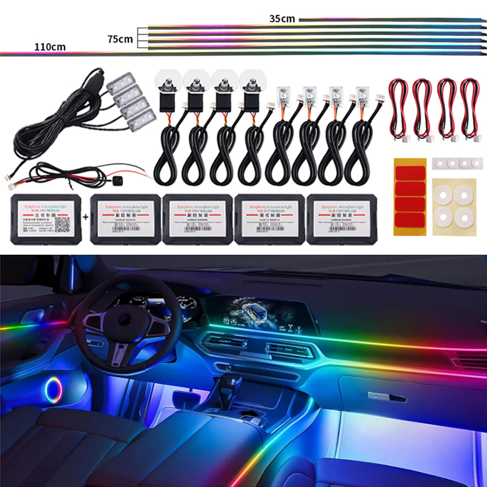 18 w 1 Samochodowe oświetlenie ambientowe 64 kolory RGB Symfoniczna dekoracja wnętrza Akrylowa listwa LED z kontrolą przez aplikację