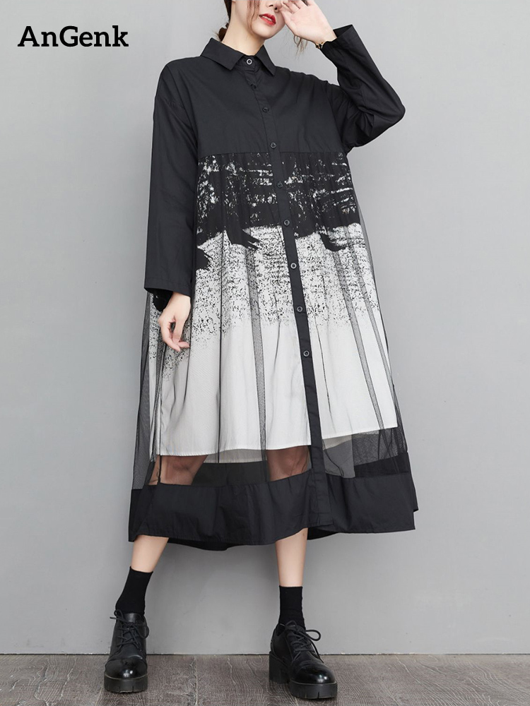 Abiti Camicia con Stampa Patchwork in Rete per Donne, Maniche Lunghe, Vestito Casual Vintage Elegante, Moda Primavera Autunno 2026