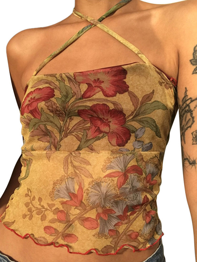 Camiseta Floral transparente de malla Y2K, Tops Vintage con cuello halter, Top corto ajustado sin mangas para mujer, ropa de calle Harajuku