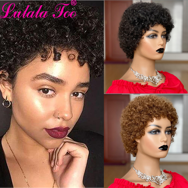 Korte Afro Kinky Krullend Pruik Pixie Cut Pruiken Braziliaanse Remy Haar Afro Bladerdeeg Menselijk Haar Pruiken Voor Vrouwen Volledige Mahine Gemaakt Pruiken