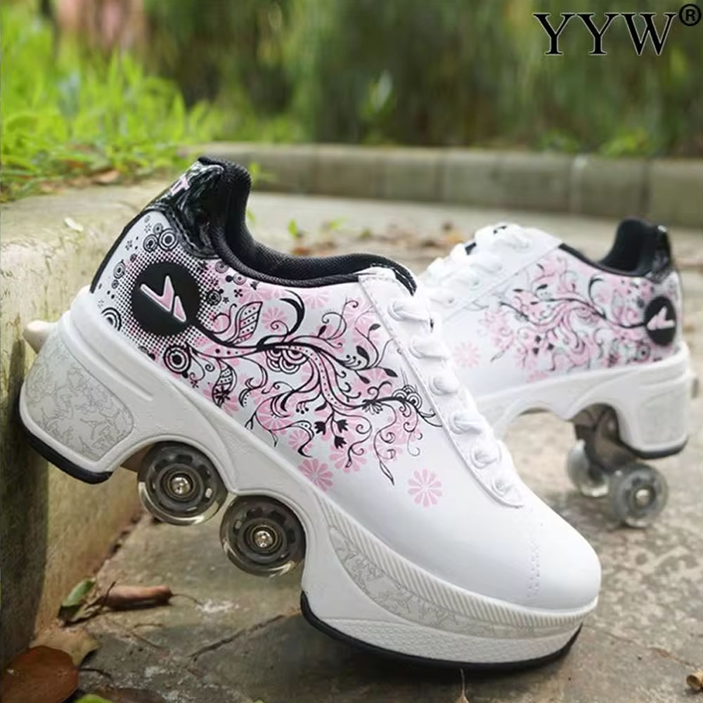 Tênis casuais caminhada patins deformar runaway patins de quatro rodas para adultos das mulheres dos homens unisex criança deformar roda parkour sapatos