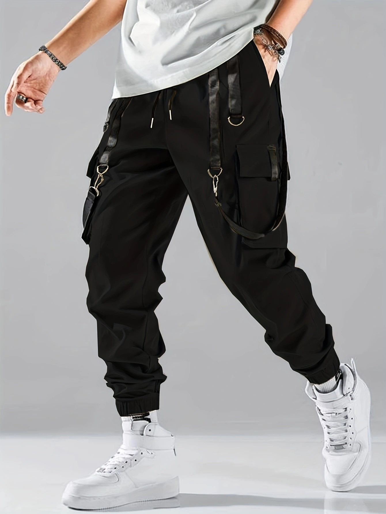 Men's Casual Techwear Cargo Pants with Drawstring Multi Flap Pockets Fashion Hip Hop Joggers