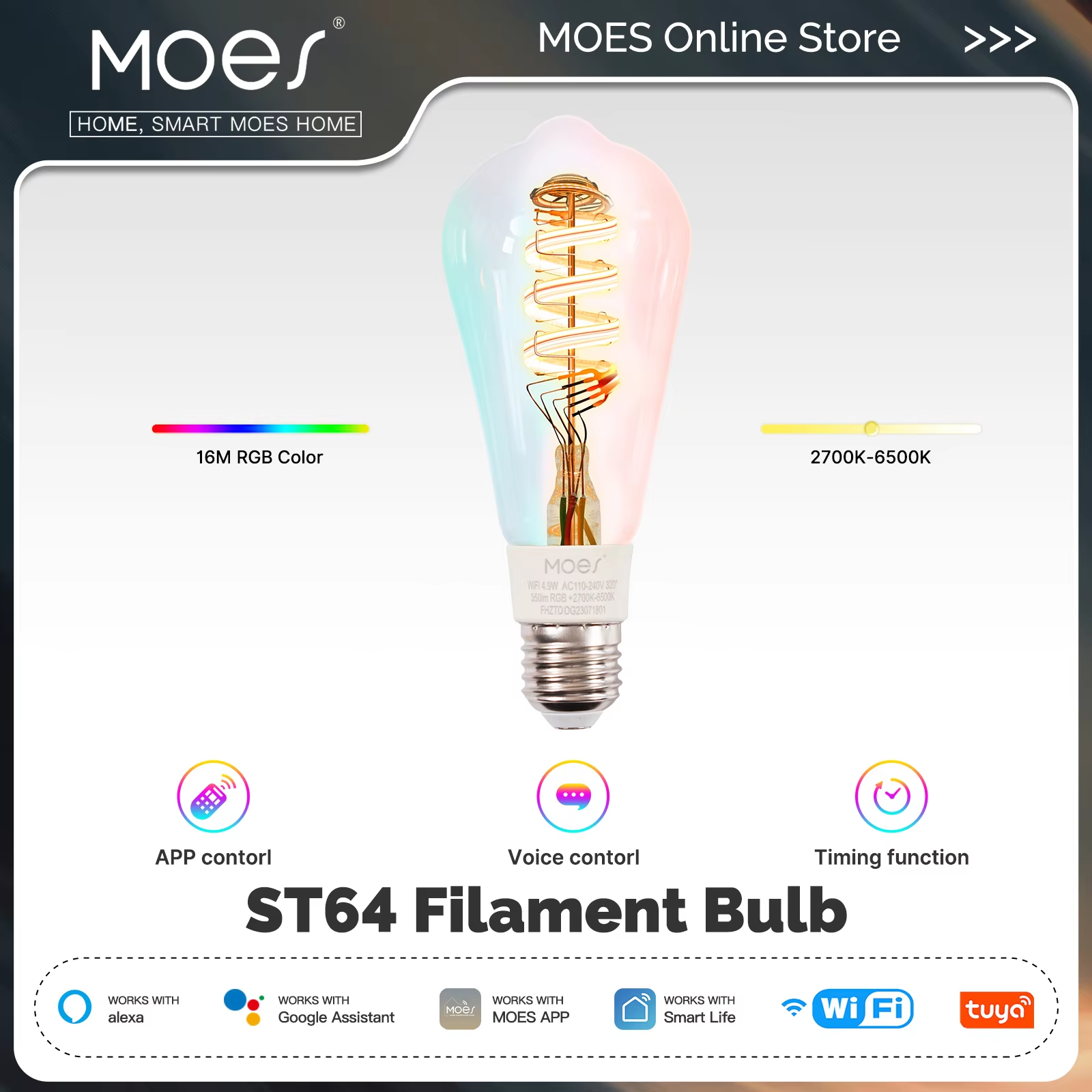 MOES Tuya WiFi Smart ST64 Edison LED-Glühbirnen, 16 Millionen RGB-Farbwechsel, 2700 K–6500 K, dimmbar, funktioniert mit Alexa/Google Home