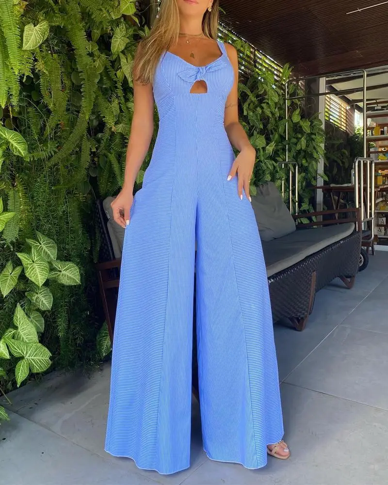 Mono de pierna ancha sin mangas con estampado de rayas, pantalones sueltos para mujer, monos generales de cintura alta para primavera y verano
