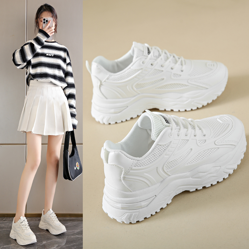 Witte sneakers dames 2024, nieuwe lederen dikke sneakers, sportschoenen voor dames, dikke tennis gevulkaniseerde schoenen, mandplatformschoenen