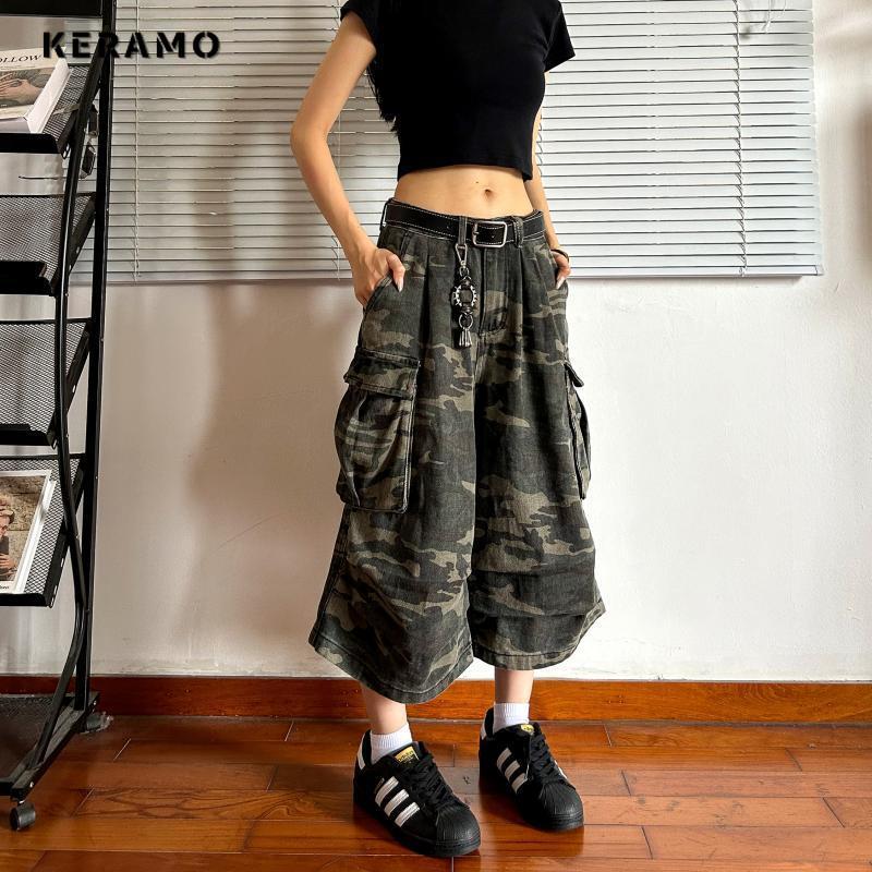 Short Punk Vintage Harajuku Y2K, taille haute, Style de rue, Baggy, longueur mollet, pantalon décontracté, coupe ample, Camouflage, Denim