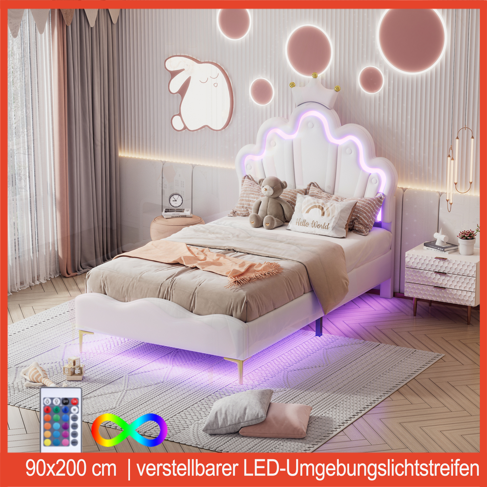 Lazyspace 90x200cmCama estofada com cabeceira em forma de coroa e estrutura de ripas, faixa de luz LED ajustável, bege, sem colchão