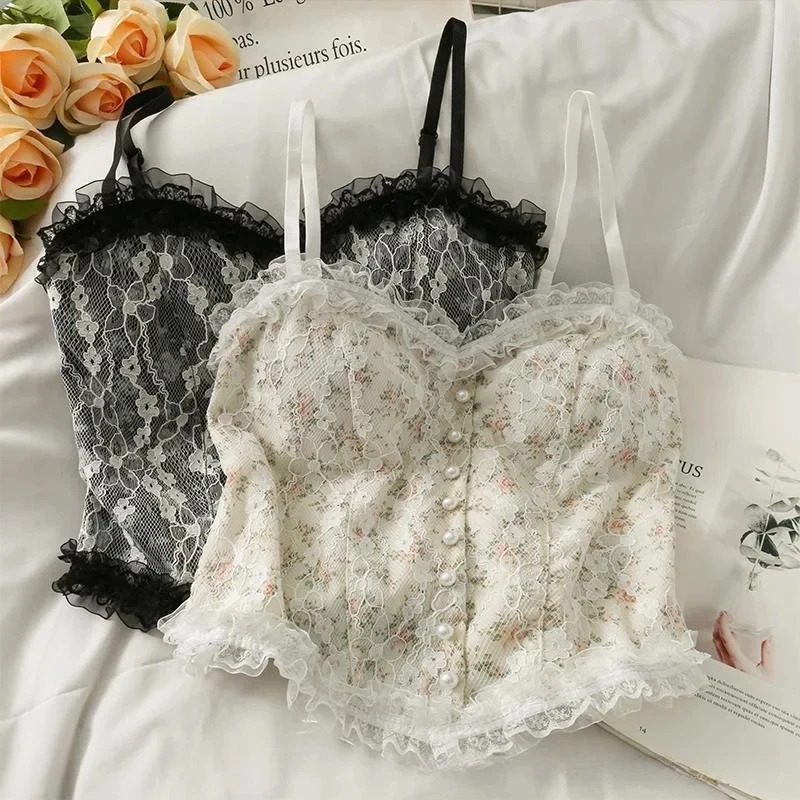 Camiseta sin mangas Sexy, camisola de encaje Floral, camisola dulce sin mangas, Tops de encaje francés, decoraciones de botones de perlas, camisola de moda para mujer