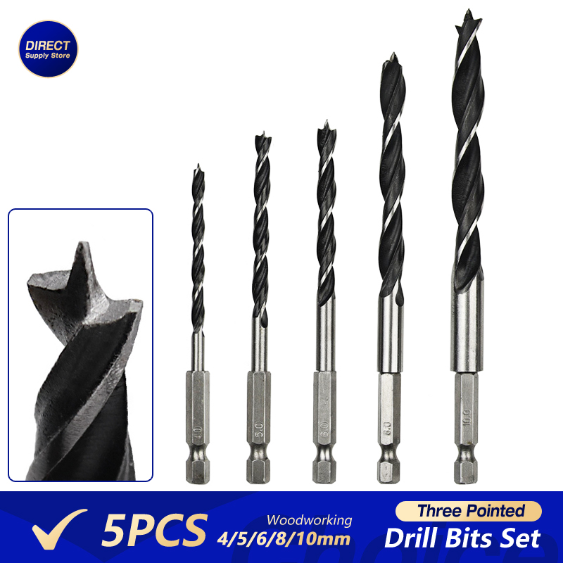 5 pz 1/4 "4/5/6/8/10mm Set di punte da trapano per la lavorazione del legno a tre punte Manico rotondo/esagonale Foro per la lavorazione del legno Alesatura utensile elettrico