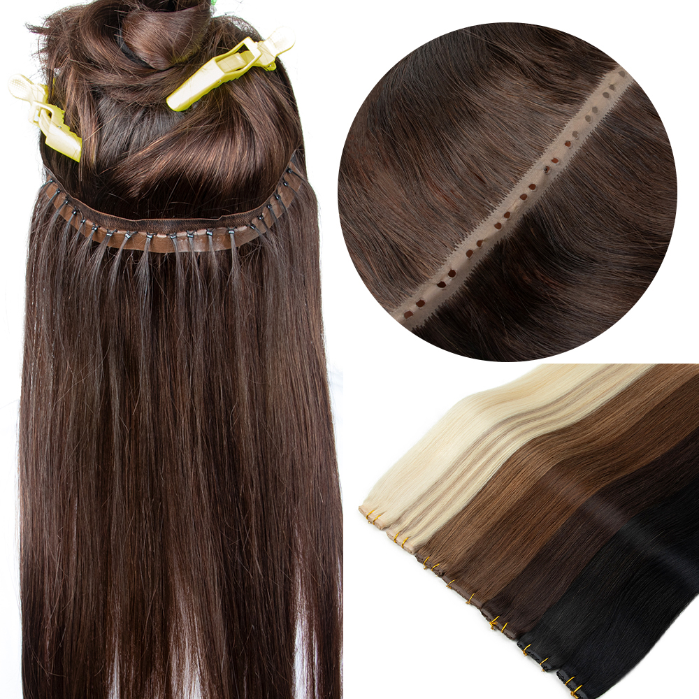 Ekstensi Rambut Manusia Twin Tabs 25cm Panjang, Model Flat Pu Weft dengan Nano Beads, Invisible Weft, Remy Hair